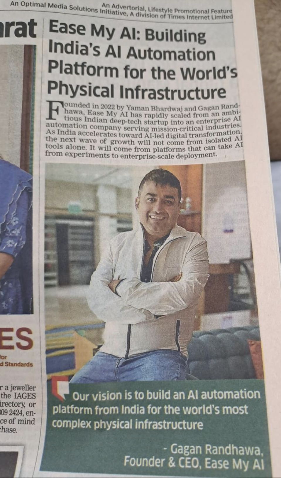 Times of India print feature on Ease My AI